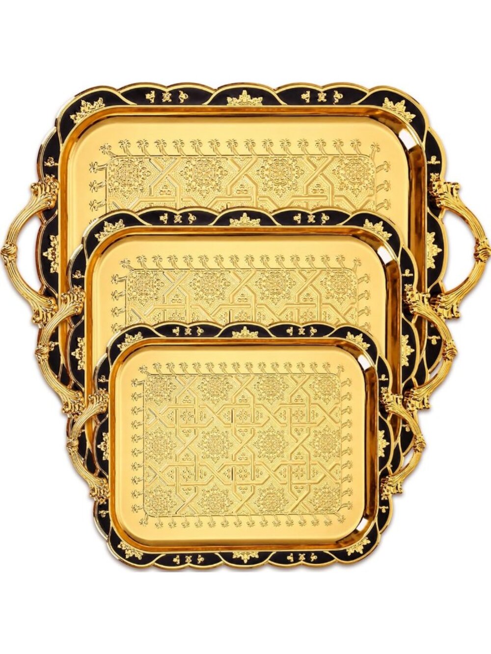 Vintage Metal Serving Trays Set of 3 - Black & Gold Decorative Trays for Home